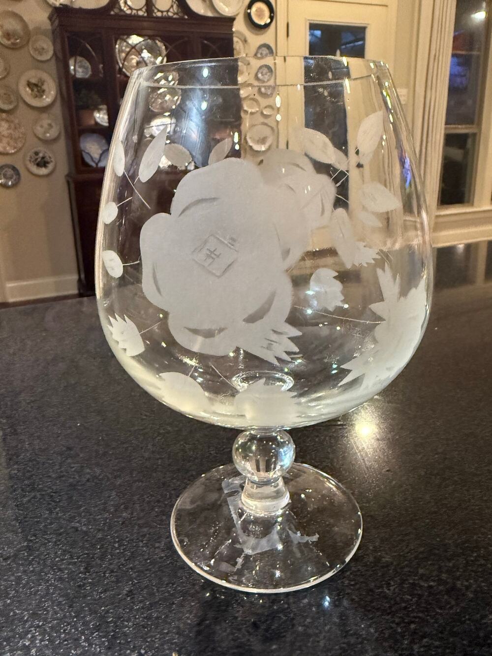 Vintage Studio Silversmiths Germany Frosted Etched Rose Floral Brandy Snifter